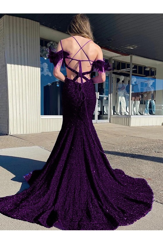 Court Train Sleeveless Velvet Sequin Plum Purple Sheath Prom Dress Canada Online