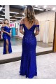 Long Sleeveless Velvet Sequin Royal Blue Sheath Prom Dress Canada Online