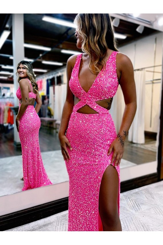 Long Sweep Train Sleeveless Velvet Sequin Sheath Prom Dress Canada Online