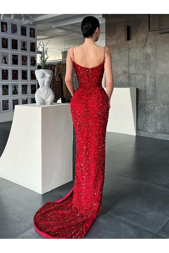 Sweep Train Sleeveless Velvet Sequin Red Sheath Prom Dress Canada Online