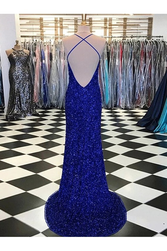 Sweep Train Sleeveless Velvet Sequin Royal Blue Sheath Evening Prom Dress Canada Online