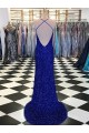 Sweep Train Sleeveless Velvet Sequin Royal Blue Sheath Evening Prom Dress Canada Online