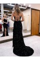 Sweep Train Sleeveless Velvet Sequin Royal Blue Sheath V-Neck Prom Dress Canada Online