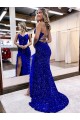 Sweep Train Sleeveless Velvet Sequin Royal Blue Sheath V-Neck Prom Dress Canada Online