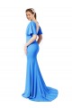 Sweep Train Short Sleeves Stretch Crepe Peacock Blue Mermaid Sheath Prom Dress Canada Online