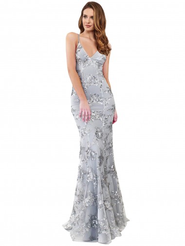 Long Sleeveless Stretch Crepe & Sequin Tulle Silver Mermaid Prom Dress Canada Online