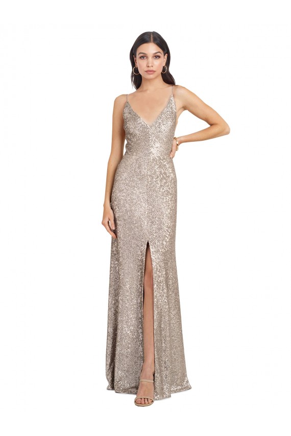 Long Sleeveless Sequin & Sparkling Sequin Silver Sheath Prom Dress Canada Online