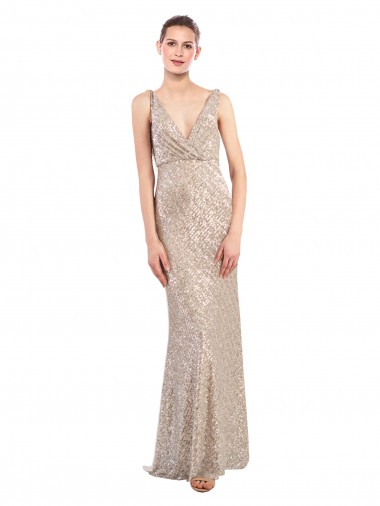 Long Sleeveless Sequin & Sparkling Sequin Silver V-Neck Sheath Prom Dress Canada Online