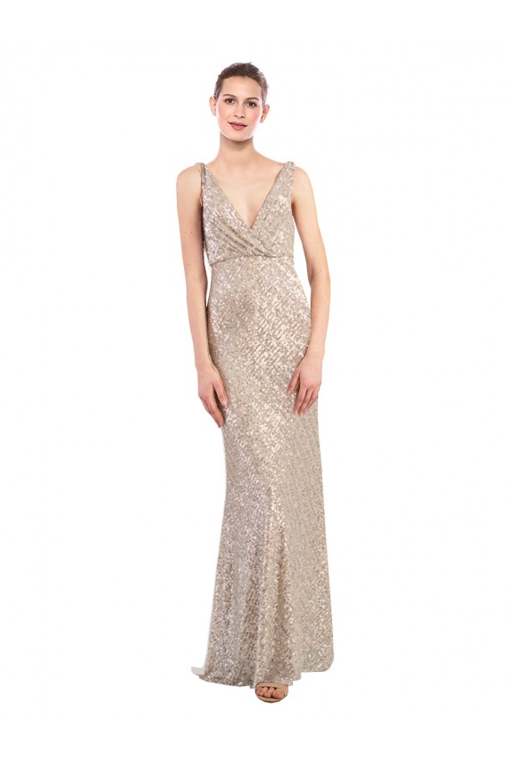 Long Sleeveless Sequin & Sparkling Sequin Silver V-Neck Sheath Prom Dress Canada Online