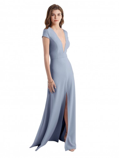Long Cap Sleeves Stretch Crepe Smoke Blue Sheath Prom Dress Canada Online