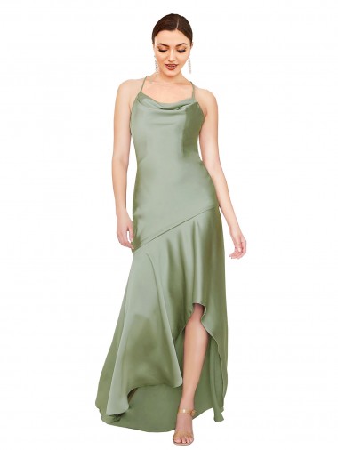 Long Sleeveless Silky Satin Smoke Green A-Line High Low Prom Dress Canada Online