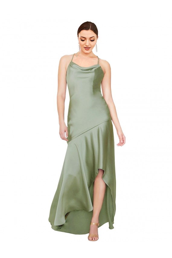 Long Sleeveless Silky Satin Smoke Green A-Line High Low Prom Dress Canada Online