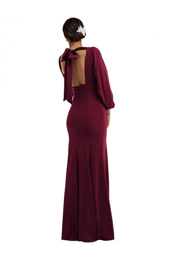 Long Long Sleeves Stretch Crepe Burgundy Gold Trumpet Prom Dress Canada Online