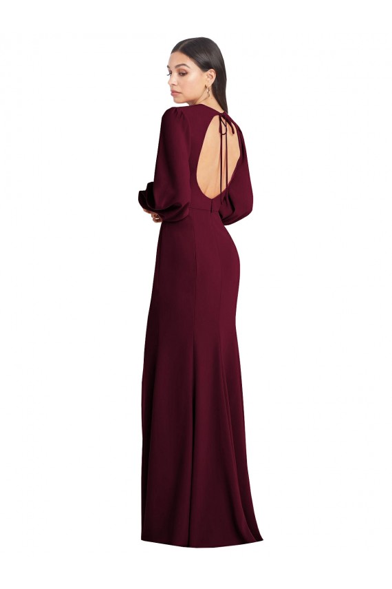 Long Puff Sleeves Stretch Crepe Burgundy Gold Trumpet Prom Dress Canada Online