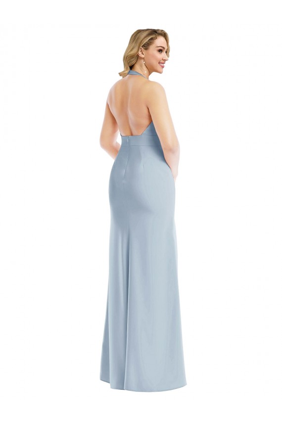 Long Sleeveless Stretch Crepe Light Sky Blue Trumpet Halter Neck Prom Dress Canada Online