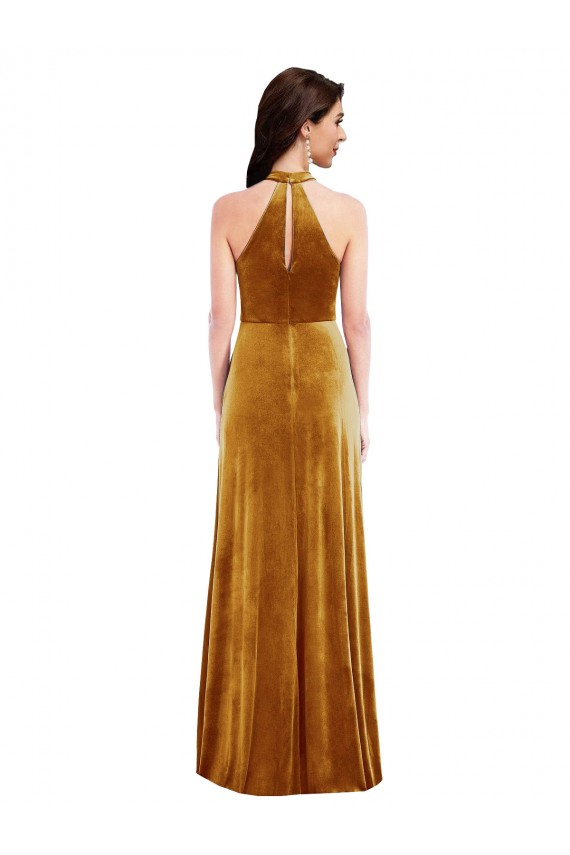 Long Sleeveless Stretch Velvet Gold Halter Neck Trumpet Prom Dress Canada Online