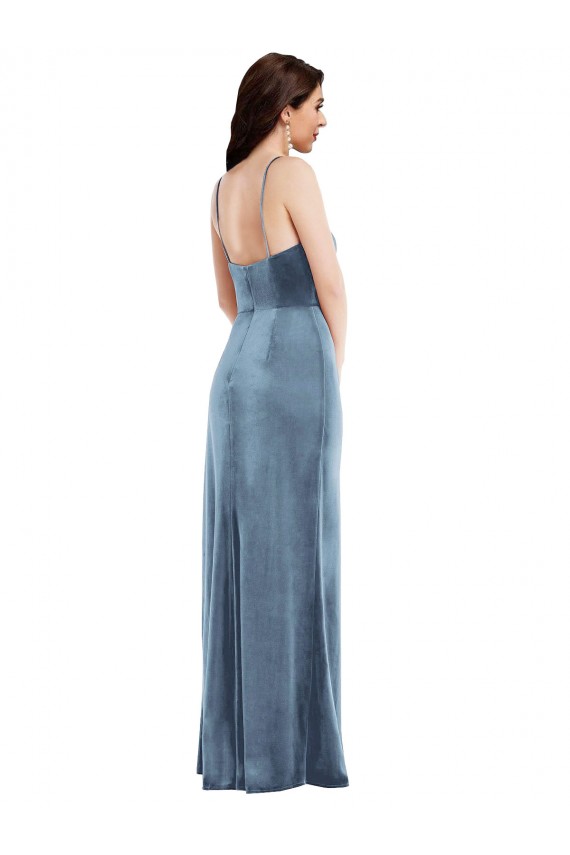 Long Sleeveless Stretch Velvet Dusty Blue Trumpet Prom Dress Canada Online